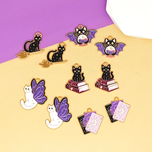 Set of 10 Halloween enamel cat charms and tarot pendants for DIY jewelry making