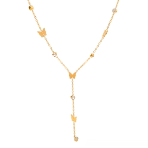 18K gold plated butterfly necklace with sparkling zircon pendants on a sleek Y-shaped chain