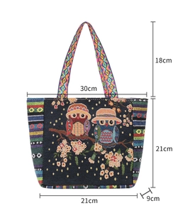 Front view of ethnic owl tote bag with dimensions: 21x21-30x9cm and 18cm handle height