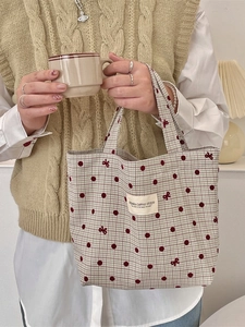 Sac à lunch en toile à carreaux beige avec broderie nœud rouge et poignée supérieure