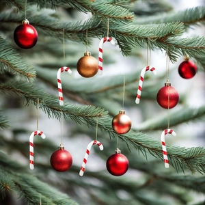 Christmas tree ornaments set with red candy canes and festive baubles on green pine branches
