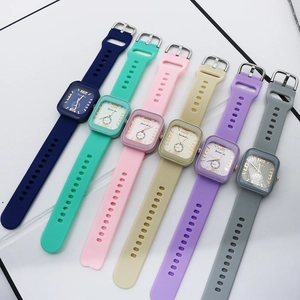 Detailed row of square quartz watches featuring colorful soft silicone straps