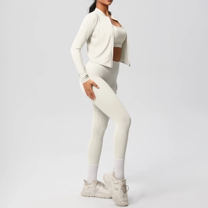 Completo yoga 3 pezzi con giacca a zip, reggiseno sportivo e leggings a vita alta