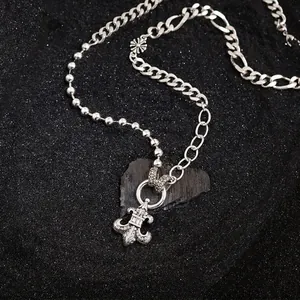 Gothic cross zircon pendant with multi-layer mixed chain and vintage silver finish