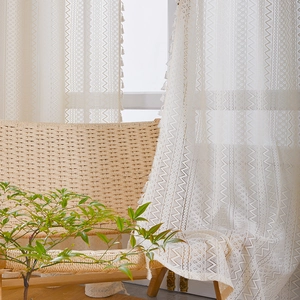 Rideaux Transparents En Dentelle Géométrique Ondulée Bohème Avec Bordure À Glands Haut À Oeillets