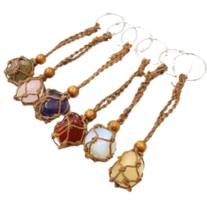 Adjustable hand-woven mesh bag keychains with natural raw crystals and colorful stones