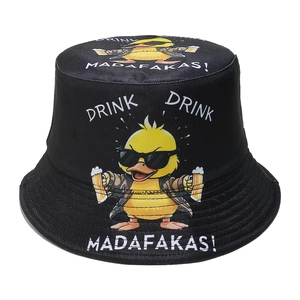 Detail of the black canvas bucket hat with cartoon duck and funny slogan print