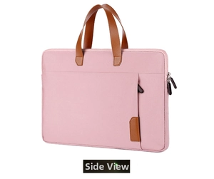 Gedetailleerd zijaanzicht van de roze 14 inch laptoptas met bruine handvaten en ritsen