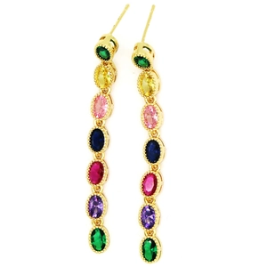 Detail of long drop earrings featuring seven colorful oval gemstones in gold settings