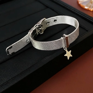 Silver Milanese mesh bracelet with star pendant and adjustable buckle on black leather