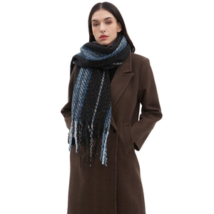 Dark plaid scarf with fringes paired with a brown long coat on a professional model