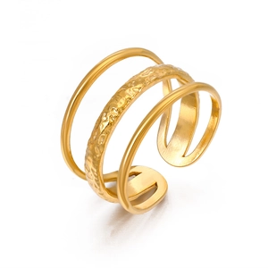 18K gold plated stainless steel triple layer open ring with hammered texture detail