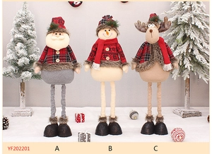 Detailed trio of telescopic Christmas plush toys in red plaid with reindeer and snowman