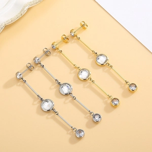 Elegant long stainless steel tassel earrings with clear round crystal zircons in gold and silver