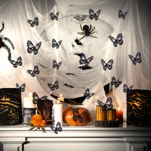 3D hollow black butterfly stickers and spider web decor for Halloween fireplace settings