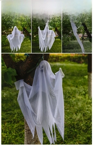 Ghost Halloween hanging decorations featuring translucent white mesh and skull facial details