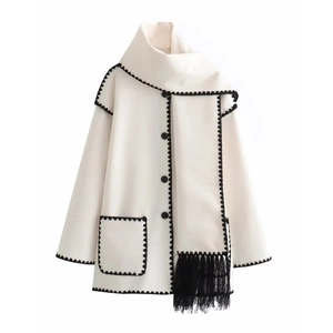 Chic white wool coat with integrated scarf collar, black contrast trim and fringe details
