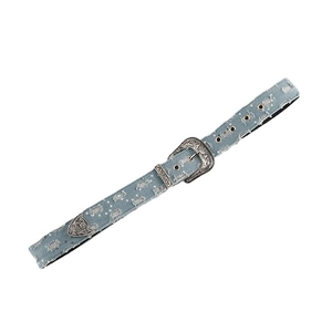 Vintage light blue denim belt with antique silver buckle on a clean white background