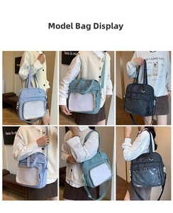 Collage of model showcasing Japanese style crossbody ita bags in multiple colors and angles