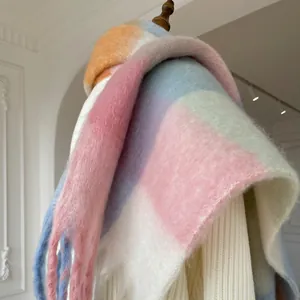 Soft gradient plaid scarf with pink, blue, and yellow fluffy mohair texture and fringe
