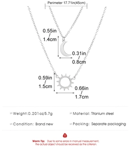 Detailed specs of silver sun and moon layered necklace with 45cm chain length and 5.7g weight