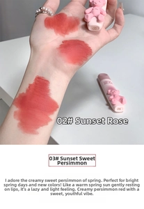 Macro detail of matte velvet lip mud texture with swatches in pink bear packaging