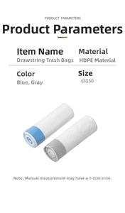Detail specifications of 45x50cm drawstring HDPE trash bags in blue and grey rolls
