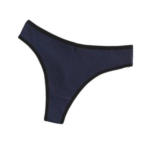 Navy blue ribbed cotton thong for women with black elastic waist and leg trims
