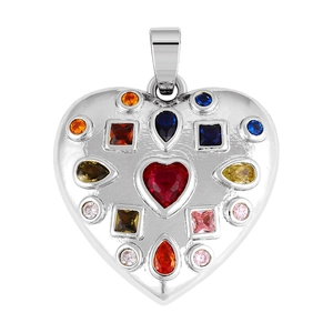 Macro shot of silver heart pendant with vibrant multi-color cubic zirconia stones