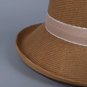 Breathable khaki knitted sun hat for women with a light pink satin decorative ribbon band