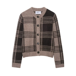 Women Vintage Plaid Knitted Cardigan Sweater Crew Neck Long Sleeve Button Down Polyester Outerwear Elegant Casual Short