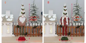 Detail of expandable Christmas gnome plush with adjustable legs and plaid fabric texture