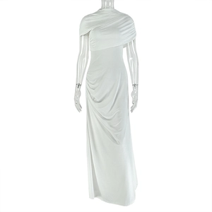Detail of white slim fit dress with asymmetric ruched shoulders and high neckline texture