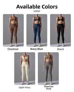 Detail view of high-stretch yoga set showing five different colors in a grid layout