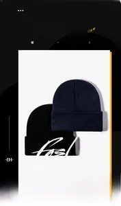 Detail view of premium black and navy knit beanies with cuffed edges for winter