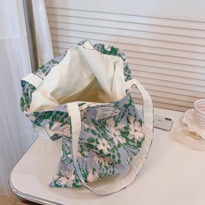 French oil painting style floral cotton canvas tote bag with purple base and white handles