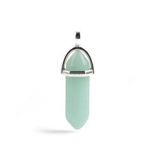 Close-up of light green hexagonal agate crystal pendant with silver metal bail