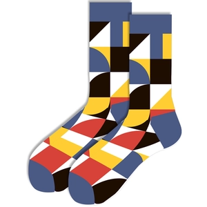 Detail of knit socks with geometric Bauhaus patterns in vibrant multicolor patchwork