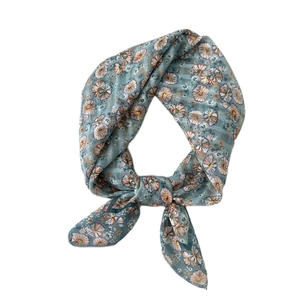Blue floral cotton linen square scarf with vintage patterns for hair or neck styling