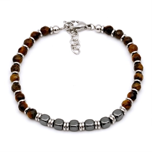 Men's Tiger Eye and Hematite beaded bracelet with adjustable silver lobster clasp