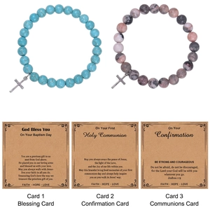 Pink zebra stone and turquoise bead bracelets with silver crosses on religious gift cards