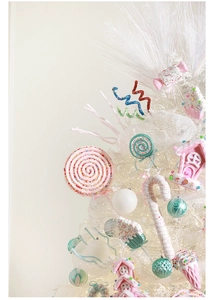 Close-up of pastel candy-themed Christmas ornaments including lollipop and gingerbread house