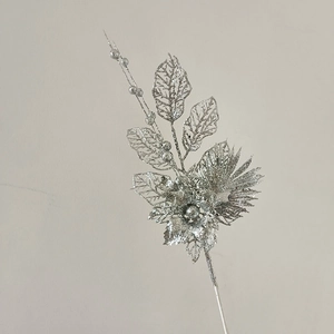 Silver glitter Christmas floral stem with hollow leaves and berry texture details