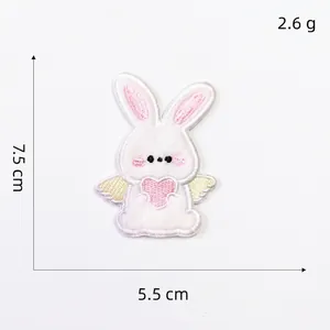 Cute embroidered bunny patch with wings and pink heart including product dimensions