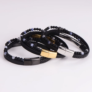 Men's punk beaded leather bracelet set in black and blue with stainless steel buckles