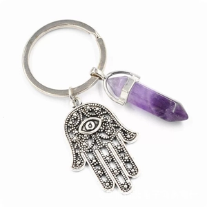 Hamsa Hand keychain with purple crystal hexagonal prism and evil eye on white background