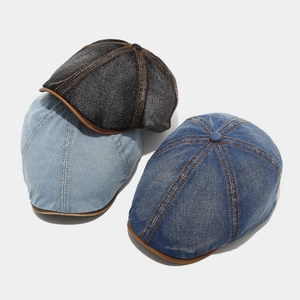 Vintage denim patchwork octagonal newsboy hat with contrast stitching and leather brim