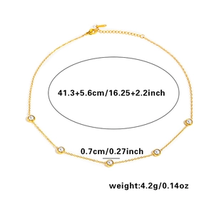 Detailed view of gold pearl necklace showing 41.3 plus 5.6cm chain length and 0.7cm beads