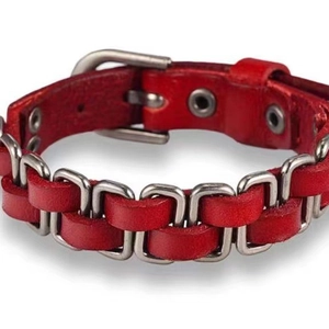 Retro woven red leather bracelet with silver metal chain links and buckle closure