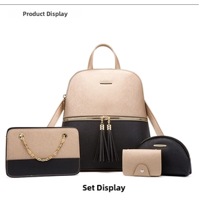 Detail view of 4-piece fashion backpack set including shoulder bag and cosmetic pouch